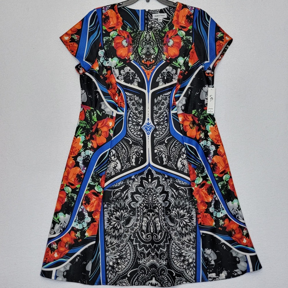 Shelby & Palmer Floral Paisley Mixed Print Fit Flare Dress Blue Orange Size 18